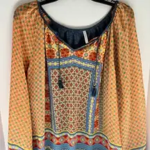 Passports Woman Peach Blue Long Raglan Sleeve V Neck Pullover Blouse Size XL