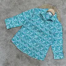 Chico’s No-Iron 100% Cotton Button Down Shirt Top Flame Stitch Print Blue 0/US S