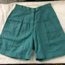 90s Cool funky unique teal turquoise linen pleated high rise Bermuda cuffed shorts  Size 8/29”
