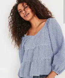 Old Navy Womens Shirt Blouse Blue White Gingham Plaid Seersucker Size Medium