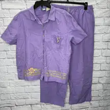 Vintage Blue Fin Linen Set XL Purple Floral Painted Capri Pants Short Sleeve Top