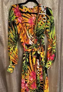 Womens Tropical Leaf Hibiscus Sheer Dress Swim Coverup Maxi Long Sleeve Large