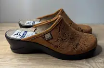 Fly Flot Comfort Clogs Womens 5.5 37 Brown Embossed Slip On Italy Anatomic Mule‎