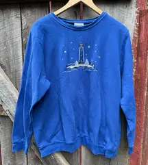 Bon Worth Blue Crewneck Sweater with Lighthouse and Penguin Embroidery