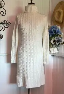 Ivory Turtleneck Sweater Dress Cable Knit Long Sleeve