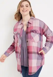 Maurices Pink Plaid Twill Jacket Shacket with Pockets; button up shirt; size XXL
