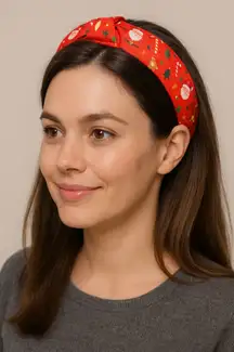 Red Christmas Holiday Headband – Festive Candy Cane & Ornament Print