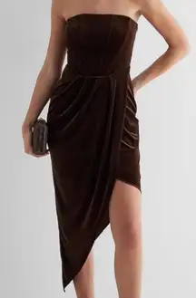 Express velvet strapless corset asymmetrical midi sheath dress in espresso color