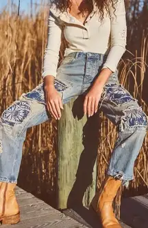 Free People Desert Rose Jeans High Rise Straight Leg Embroidered Floral Patch 26