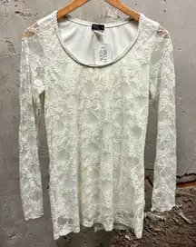 Vintage Y2K Agenda White Sheer Lace Longline White Blouse Top Large Bride Fairy