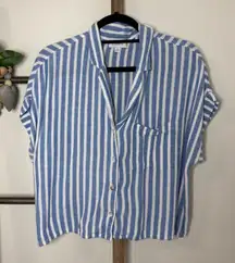 Evereve Blue White Stripe Button Up Short Sleeve Shirt Top Womens Size Small