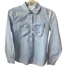 The Shirt Rochelle Behrens Blue Bow Blouse‎ Long Sleeve Peter Pan Collar