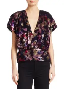 IRO Eksie Sequined Wrap Blouse Size 38 or 6 holiday party flattering maximalist