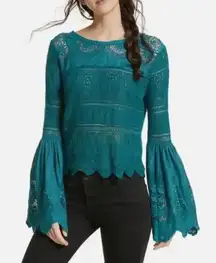 FREE PEOPLE Once Upon A Time Blouse Dark Turquoise Size Small Bell Sleeves