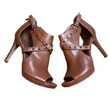 Marc Fisher Mahiya Leather Pyramid Studded Embellished High Heels Shoes Camel