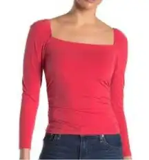 Abound Womens Casual Top Red 3/4 Sleeve Stretch Ruched Square Neck M New