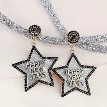 Happy new year Silver and Black Star Earrings