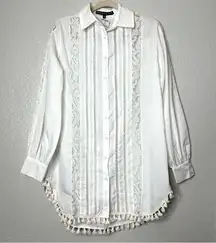 HYFVE  Women's Boho Tassel Button Down Lace Long Sleeve Western Blouse White S