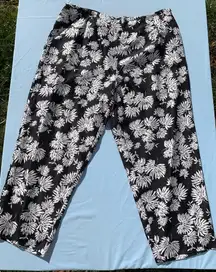 Allison Taylor Capri Crop Pants 100% Silk Black White Floral Print‎ Side Zip 14