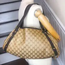 Vintage  Crystal Abbey Coated Canvas Brown Leather Handles D Ring Shoulder Bag