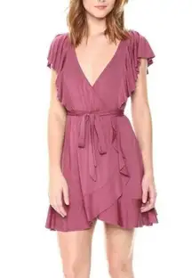 Rachel Pally  Lucy Ruffle Wrap Jersey Mini Dress in Dahlia V-Neck Pink Medium