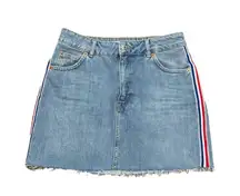 Topshop Cut Off mini Jean Skirt. Red white blue silver stripe. Size 6. Like new!