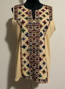 EUC Soft Surroundings Cream Sleeveless Top with Floral Mirror size large