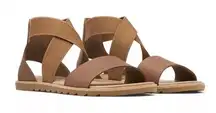 SOREL Ella II Sandal Womens Size 9 Brown Leather Elastic Strappy Flat Shoe Comfy
