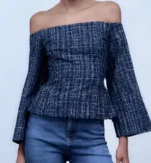 Zara Off Shoulder Navy Tweed Peplum Top Holiday Winter Chic Parisian blouse sm
