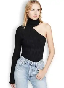 The Range Framed Ribbed Carved One Shoulder Black Turtleneck Top Size L NWT