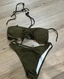 Zaful Khaki Textured Bikini Set with bead accents halter top bandeau