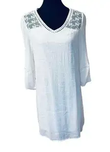 Indigo Rose White Boho Embroidered 3/4 Sleeve Shift Dress Sz M