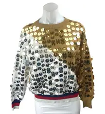 Beauty Women Gold White Sequin Metallic Colorblock Long Sleeve Sweatshirt S/M