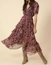 Hale Bob Jade Lurex Jacquard Tiered Dress Floral Romantic Bohemian Cottagecore