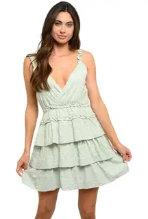 New STORIA "All Points" Star‎ Print Seafoam Green Mini Dress V Neck Tiered M