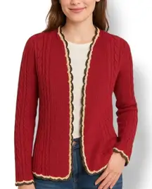 Vintage 90s Burgundy Cable Knit Cardigan Sweater Cream Ruffle Scalloped Trim