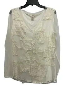 Sundance Ivory Patchwork Lace Overlay Blouse Sheer Sleeves Clip Dot Size Medium