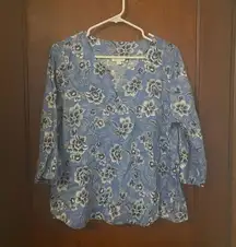 J.Jill Love Linen Blue Floral 3/4 Sleeve Relaxed Fit Popover Top