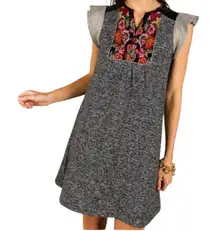 THML Embroidered Shift Gold Flutter Sleeve With Black Velvet Collar Knit Dress