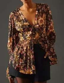 ANTHROPOLOGIE Deep V-Neck Floral Button Front Floral Tunic Blouse Size M NEW