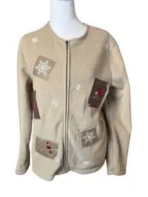 Croft & Barrow Small Tan Fleece Embroidered Cardinal Cardigan Holiday Winter