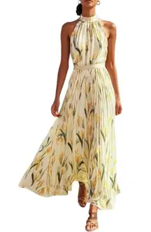 NWT Fehaute Yellow Floral Chiffon Halter Sleeveless A-Line Maxi Dress