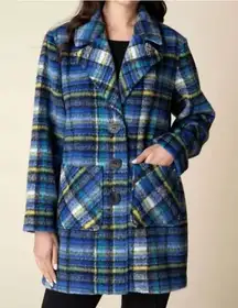 Habitat Tartan Plaid Blue Car Coat Button Front Fuzzy Knit Longline Jacket L