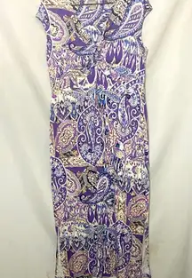 CHICOS SIZE 8/10  MAXI DRESS RAYON  / SPANDEX BLEND PURPLE BLUE YELLOW PAISLEY