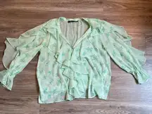 Zara Green Floral Ruffle Button Up Top Size S