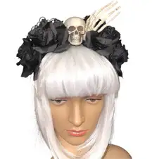 Goth/Halloween black roses black lace and skeleton skill/ hands hair piece