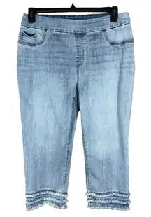 Chico’s SZ 2 (12) Pull-On Capris Jeans Hi-Rise Tiered Frayed Hems Stretch Blue