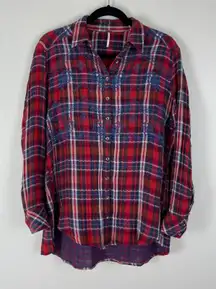 Free People Magical Embroidered Plaid Button Down‎ Shirt Long Sleeve Red Blue XS