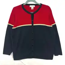 Dressbarn 18/20 Contrast‎ Trim Buttoned Cardigan Sweater Red Black Shiny Gold