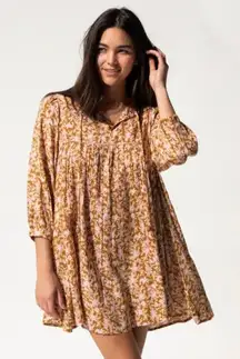 Natural Life Rose Mini Dress Women's Medium Multi Floral Tie Neck Boho Cottage